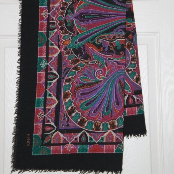 FENDI Luxurious Rare VTG Logo Wool Shawl India Pattern Scarf Large Square 53in - Picture 11 of 11